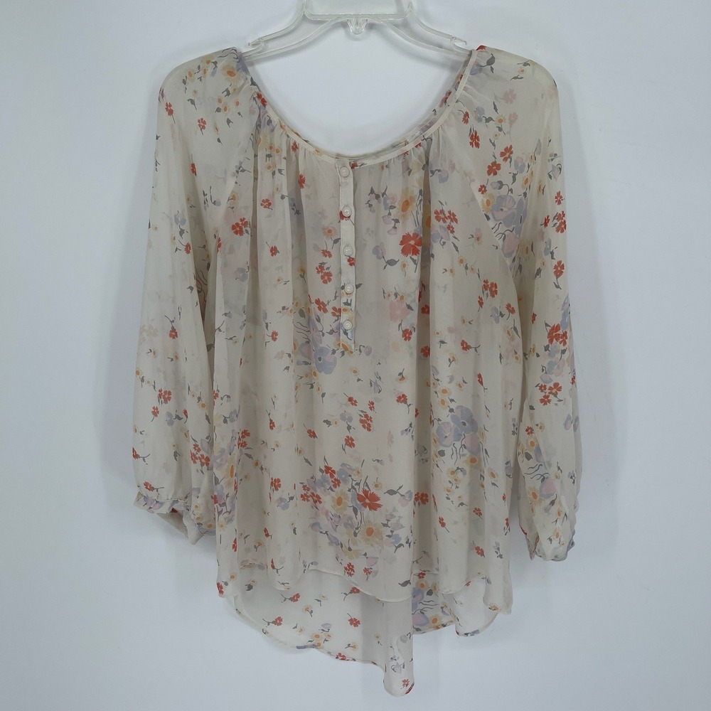 LC Lauren Conrad Women's Cream Floral Chiffon Button Henley Blouse Size XL